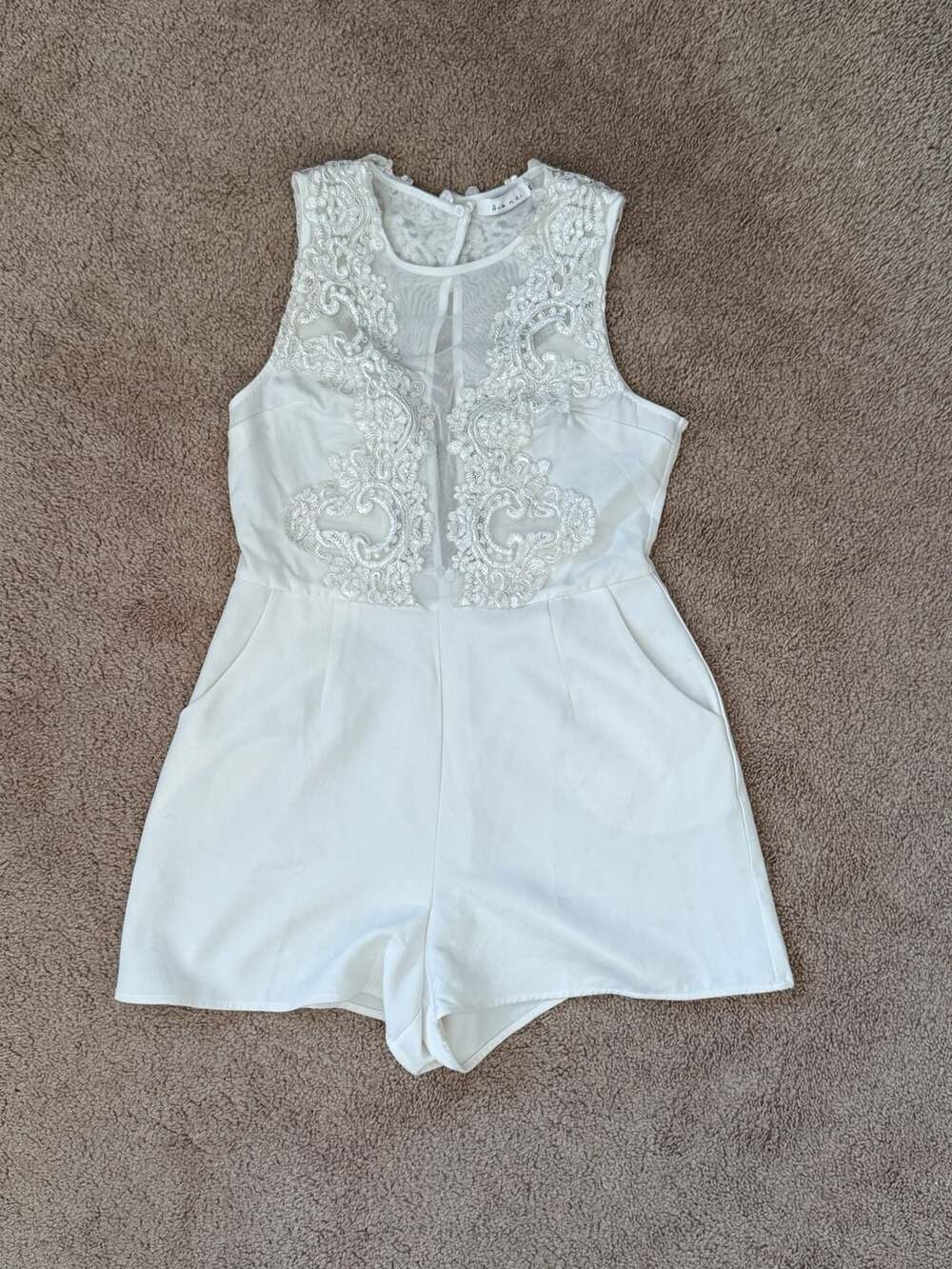 Ark n Co. White Sleeveless Lace Overlay Romper with Sheer Mesh Details
